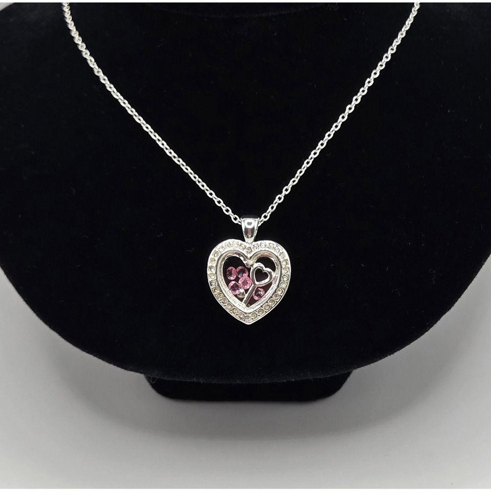 Heart Necklace Silvertone Keepsake Pendant Pink White Rhinestone Dainty Twee NEW